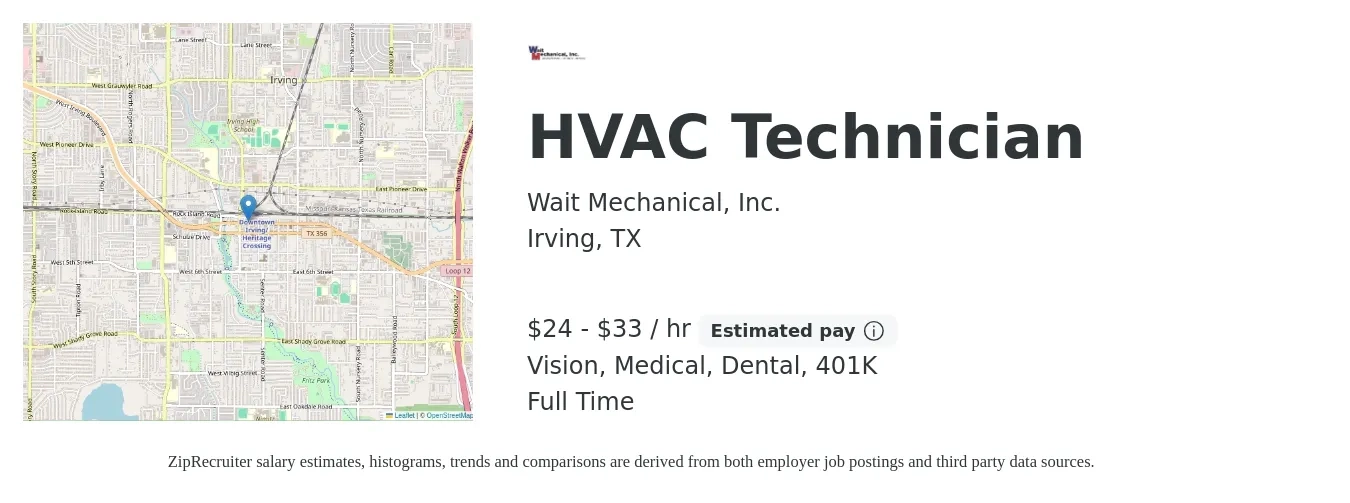 Wait Mechanical, Inc. job posting for a HVAC Technician in Irving, TX with a salary of $25 to $35 Hourly and benefits including medical, vision, 401k, dental, and life_insurance with a map of Irving location.