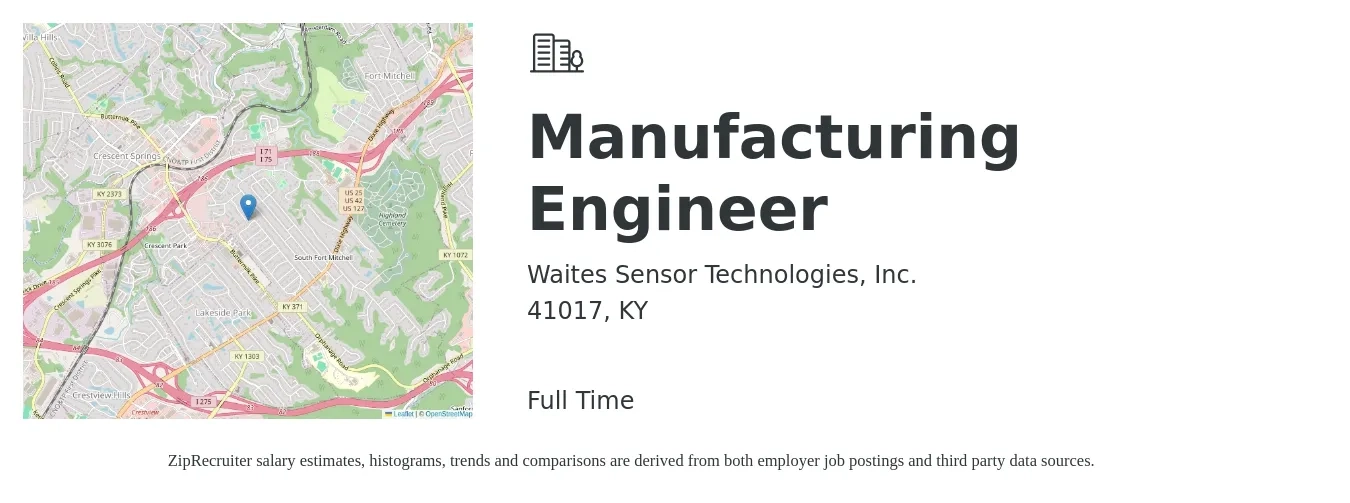 Waites Sensor Technologies, Inc. job posting for a Manufacturing Engineer in 41017, KY with a salary of $69,000 to $88,800 Yearly with a map of 41017 location.