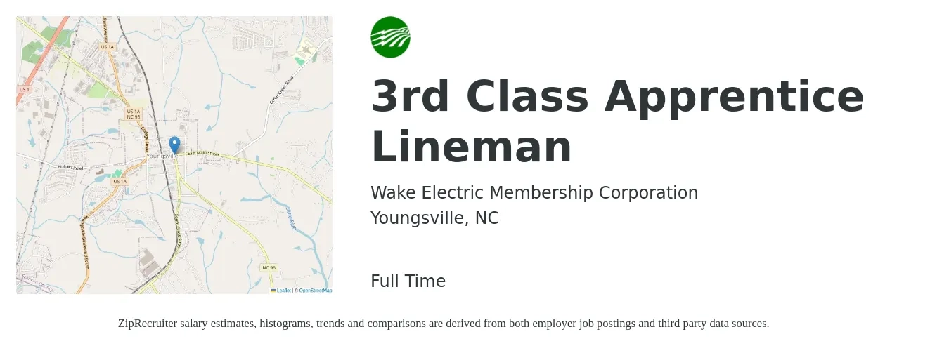 Wake Electric Membership Corporation job posting for a 3rd Class Apprentice Lineman in Youngsville, NC with a salary of $16 to $32 Hourly with a map of Youngsville location.