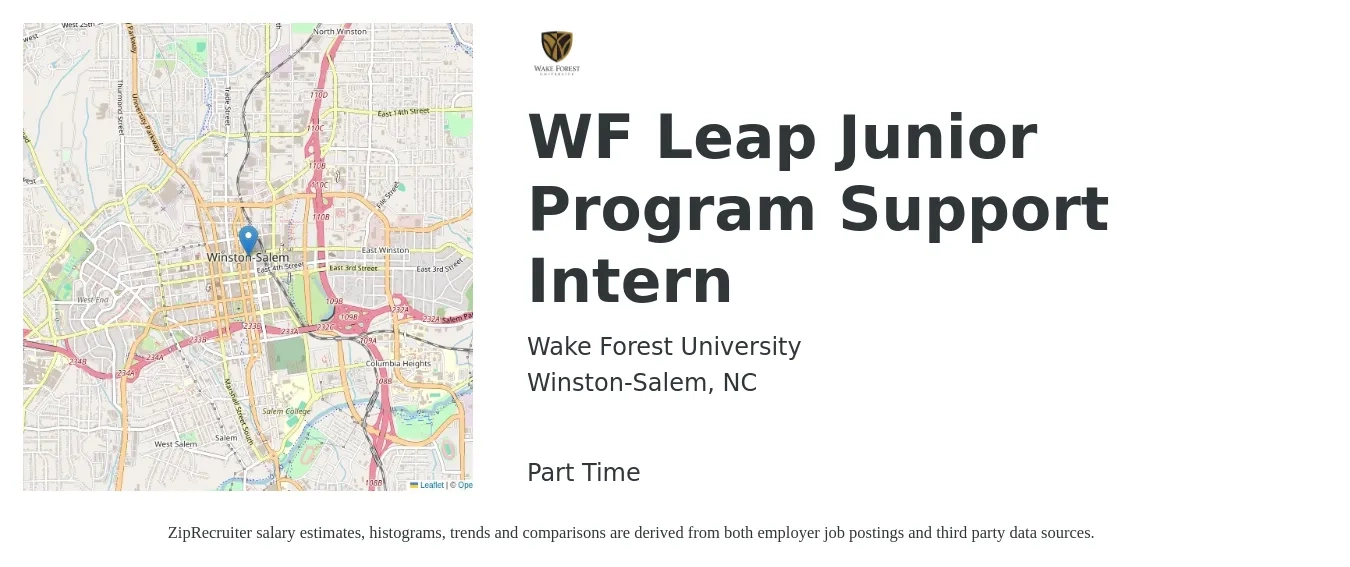 Wake Forest University job posting for a WF Leap Junior Program Support Intern in Winston-Salem, NC with a salary of $14 to $18 Hourly with a map of Winston-Salem location.