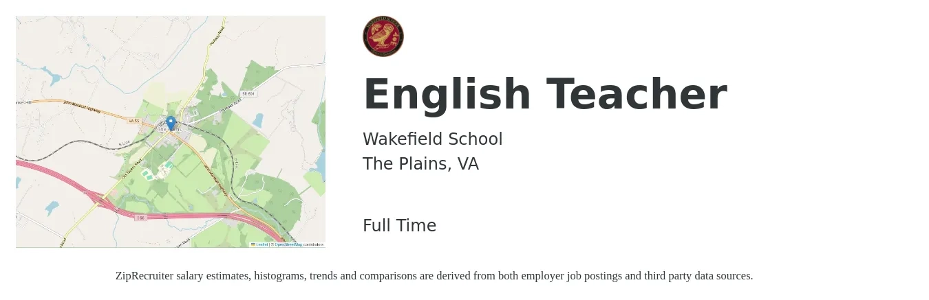 Wakefield School job posting for a English Teacher in The Plains, VA with a salary of $43,700 to $59,200 Yearly with a map of The Plains location.