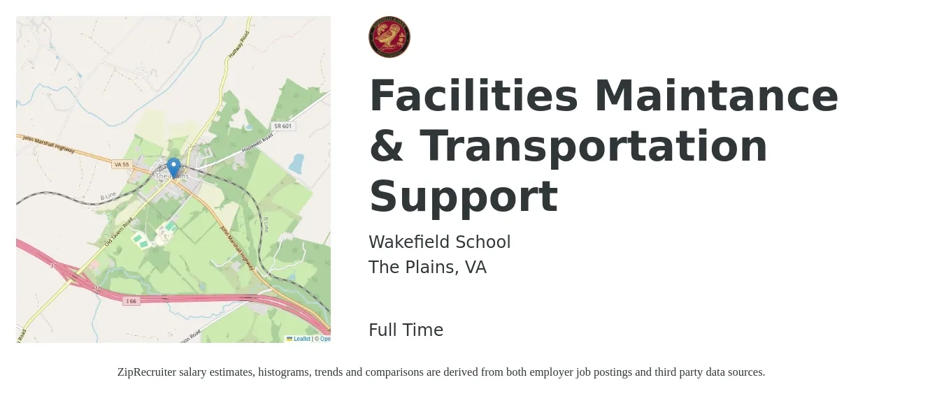 Wakefield School job posting for a Facilities Maintance & Transportation Support in The Plains, VA with a salary of $20 to $27 Hourly with a map of The Plains location.
