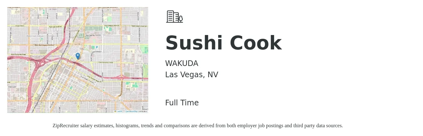 WAKUDA job posting for a Sushi Cook in Las Vegas, NV with a salary of $17 to $27 Hourly with a map of Las Vegas location.