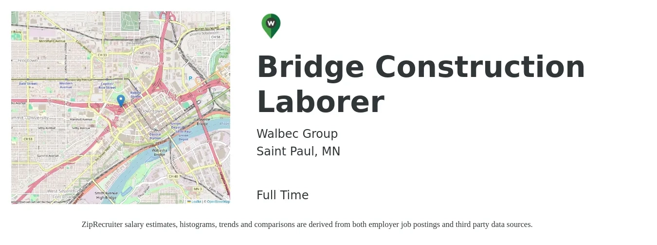Walbec Group job posting for a Bridge Construction Laborer in Saint Paul, MN with a salary of $18 to $23 Hourly with a map of Saint Paul location.