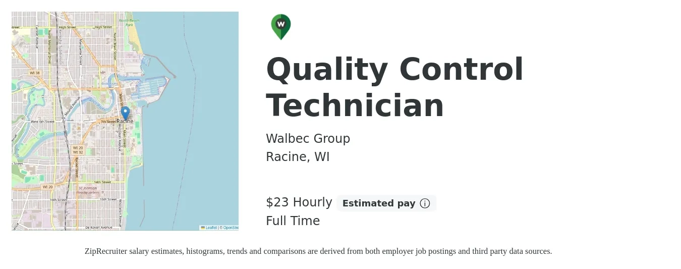 Walbec Group job posting for a Quality Control Technician in Racine, WI with a salary of $24 Hourly with a map of Racine location.