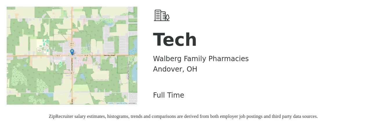Walberg Family Pharmacies job posting for a Tech in Andover, OH with a salary of $15 to $18 Hourly with a map of Andover location.