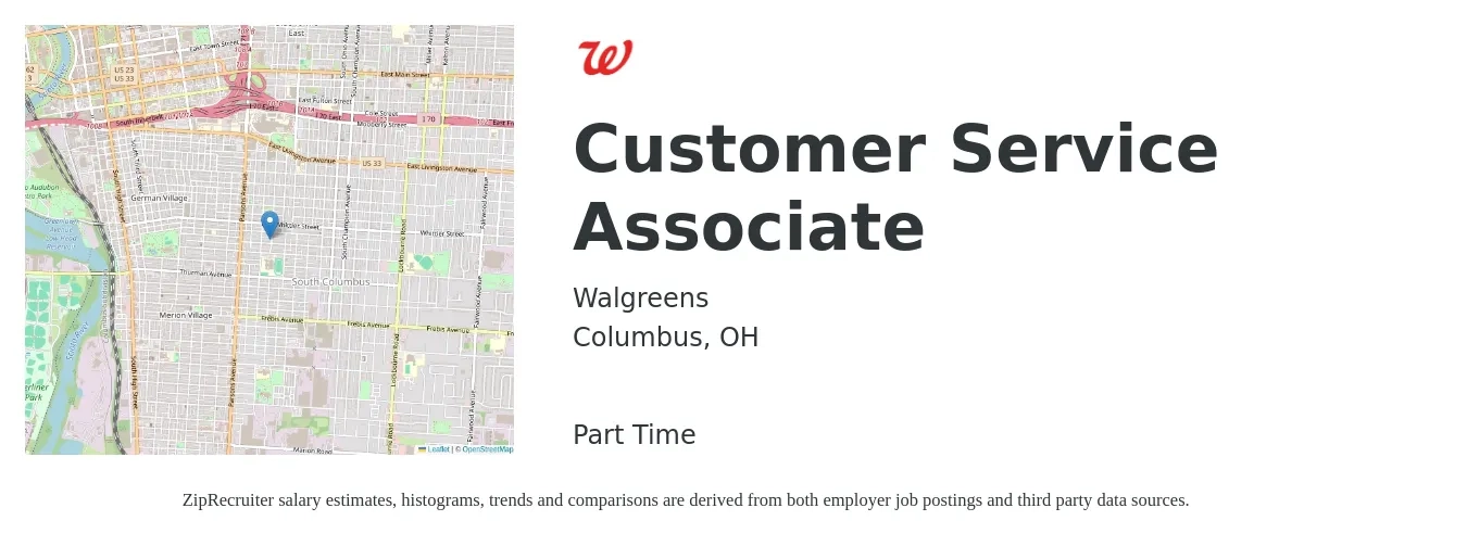 Walgreens job posting for a Customer Service Associate in Columbus, OH with a salary of $14 to $19 Hourly with a map of Columbus location.