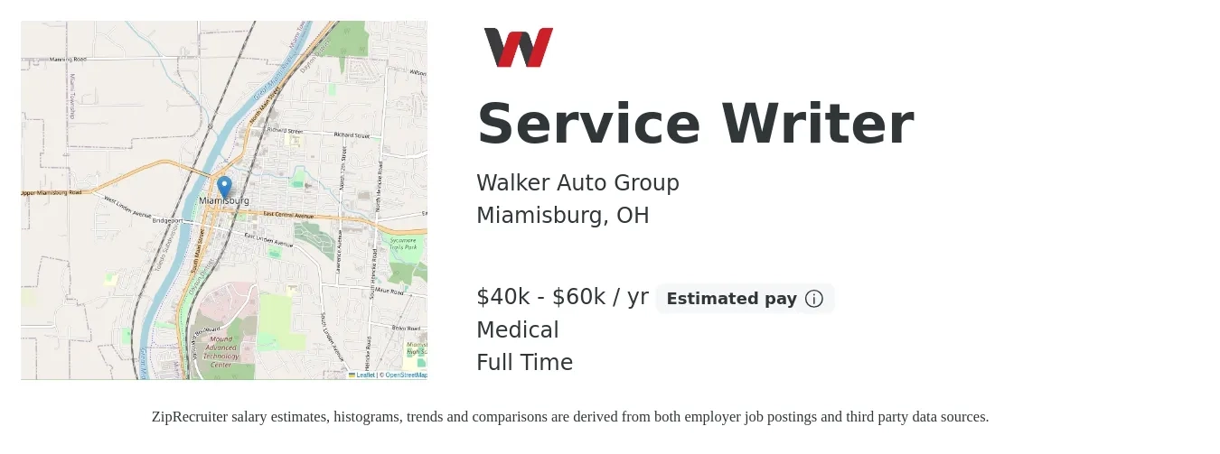 Walker Auto Group job posting for a Service Writer in Miamisburg, OH with a salary of $40,000 to $60,000 Yearly and benefits including medical, and retirement with a map of Miamisburg location.
