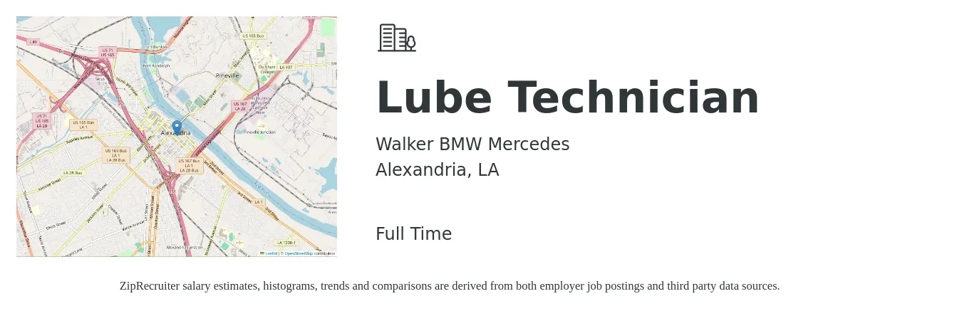 Walker BMW Mercedes job posting for a Lube Technician in Alexandria, LA with a salary of $13 to $18 Hourly with a map of Alexandria location.