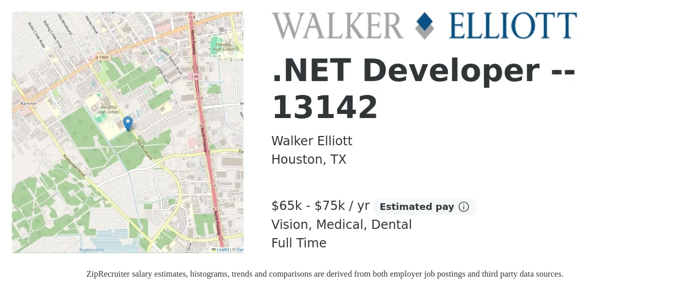 Walker Elliott job posting for a .NET Developer -- 13142 in Houston, TX with a salary of $65,000 to $75,000 Yearly and benefits including dental, medical, retirement, and vision with a map of Houston location.