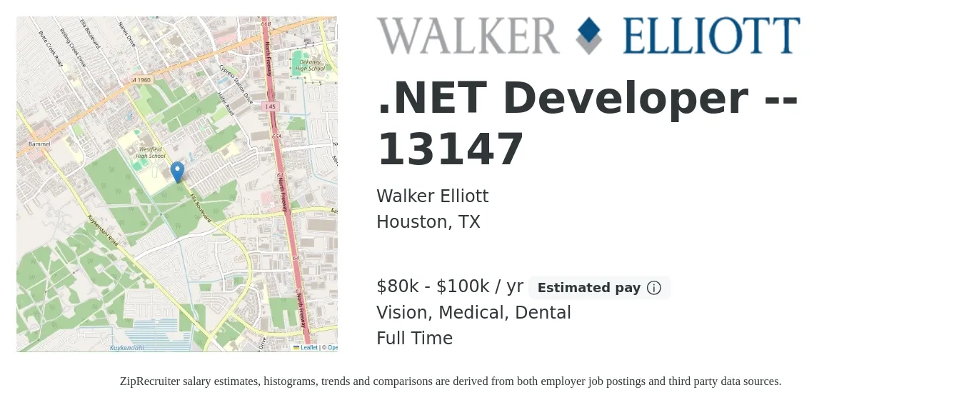 Walker Elliott job posting for a .NET Developer -- 13147 in Houston, TX with a salary of $80,000 to $100,000 Yearly and benefits including dental, medical, retirement, and vision with a map of Houston location.