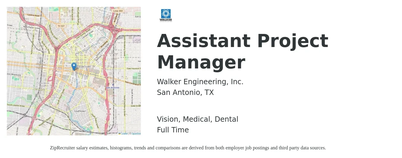 Walker Engineering, Inc. job posting for a Assistant Project Manager in San Antonio, TX with a salary of $48,300 to $79,400 Yearly and benefits including dental, life_insurance, medical, retirement, and vision with a map of San Antonio location.