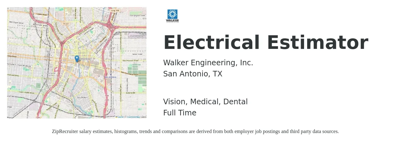 Walker Engineering, Inc. job posting for a Electrical Estimator in San Antonio, TX with a salary of $67,600 to $101,900 Yearly and benefits including retirement, vision, dental, life_insurance, and medical with a map of San Antonio location.