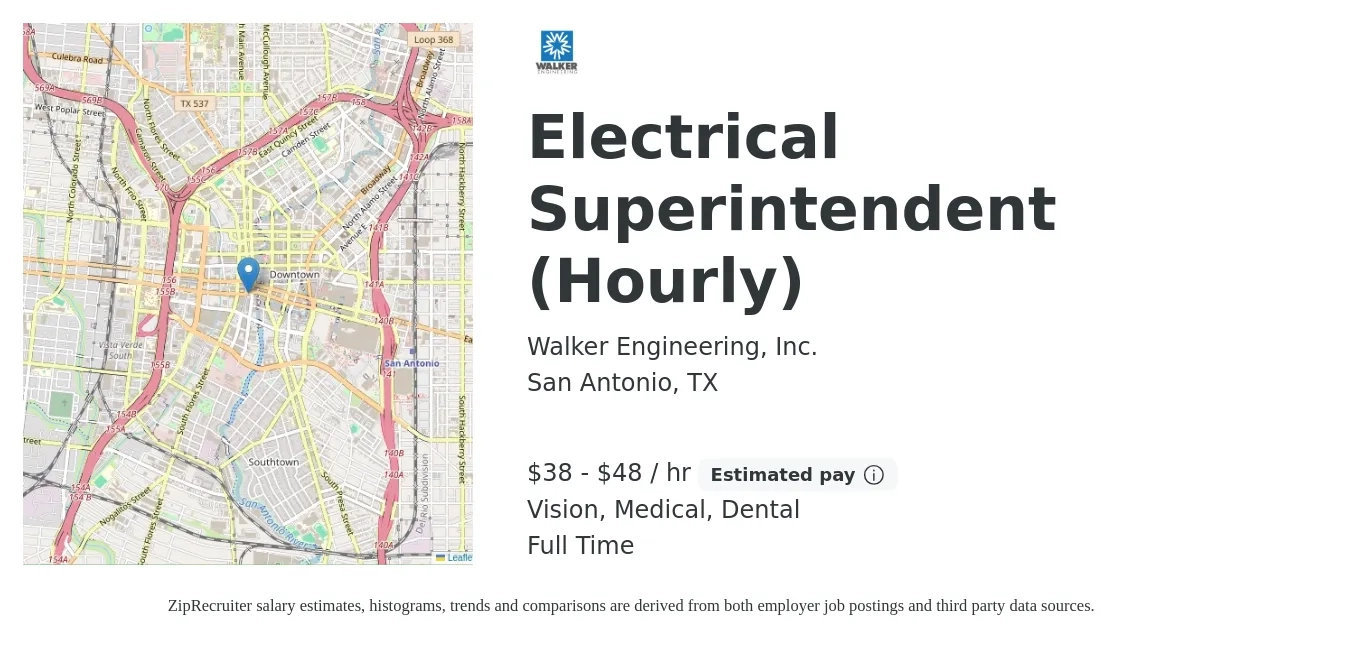 Walker Engineering, Inc. job posting for a Electrical Superintendent (Hourly) in San Antonio, TX with a salary of $28 to $43 Hourly and benefits including retirement, vision, dental, life_insurance, and medical with a map of San Antonio location.