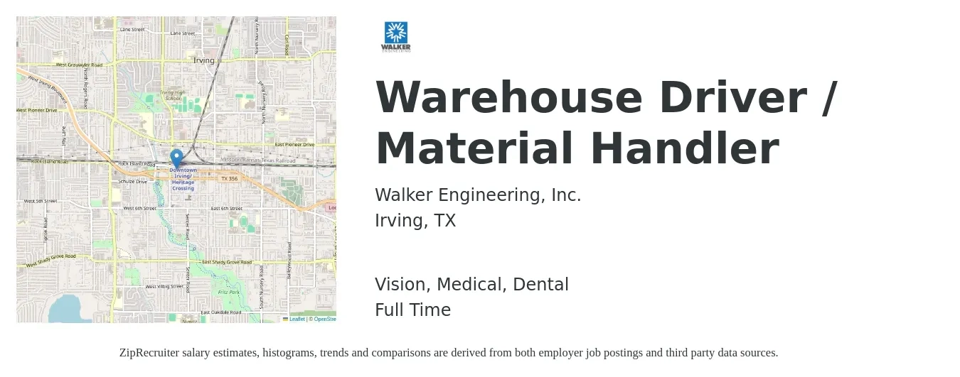 Walker Engineering, Inc. job posting for a Warehouse Driver / Material Handler in Irving, TX with a salary of $16 to $20 Hourly and benefits including dental, life_insurance, medical, pto, retirement, and vision with a map of Irving location.