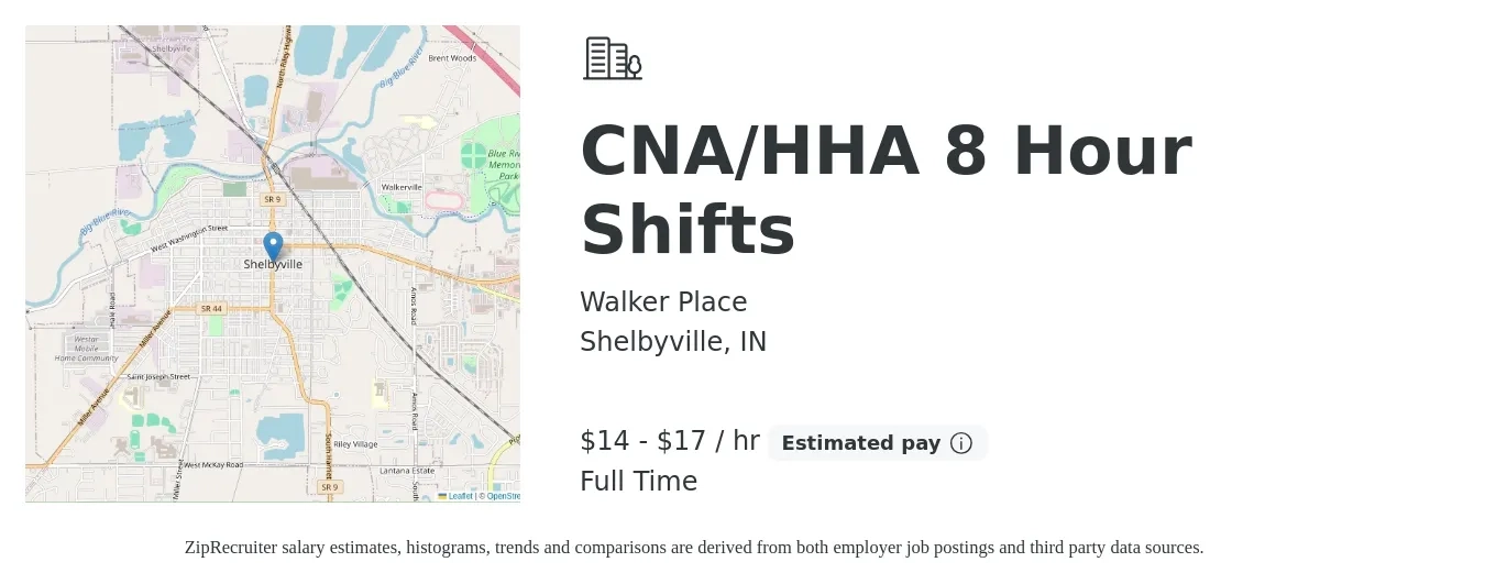 Walker Place job posting for a CNA/HHA 8 Hour Shifts in Shelbyville, IN with a salary of $15 to $18 Hourly with a map of Shelbyville location.