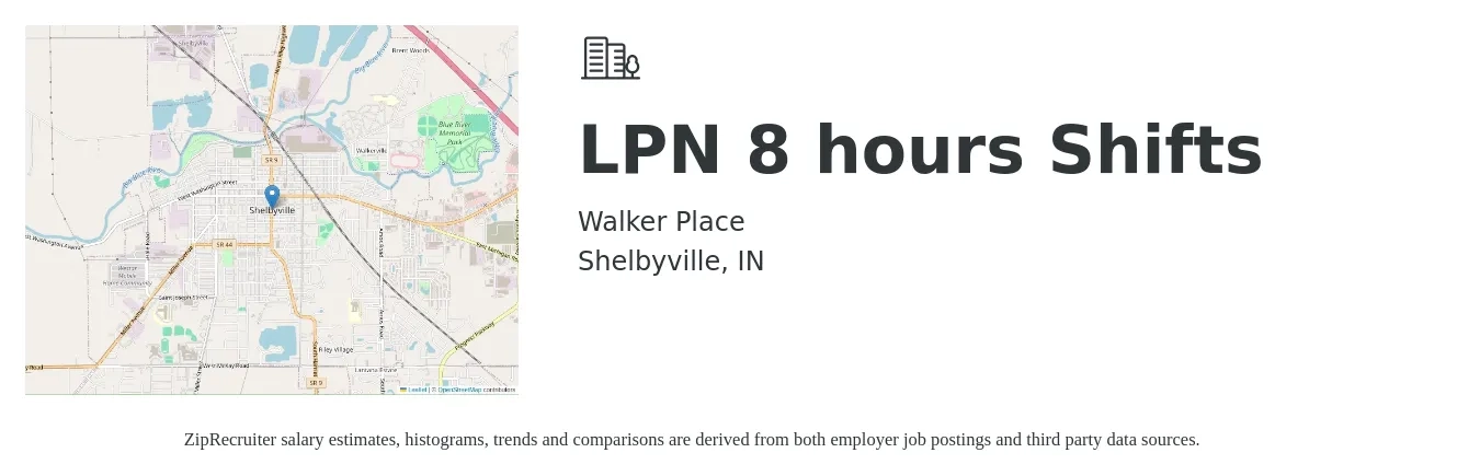 Walker Place job posting for a LPN 8 hours Shifts in Shelbyville, IN with a salary of $24 to $33 Hourly with a map of Shelbyville location.