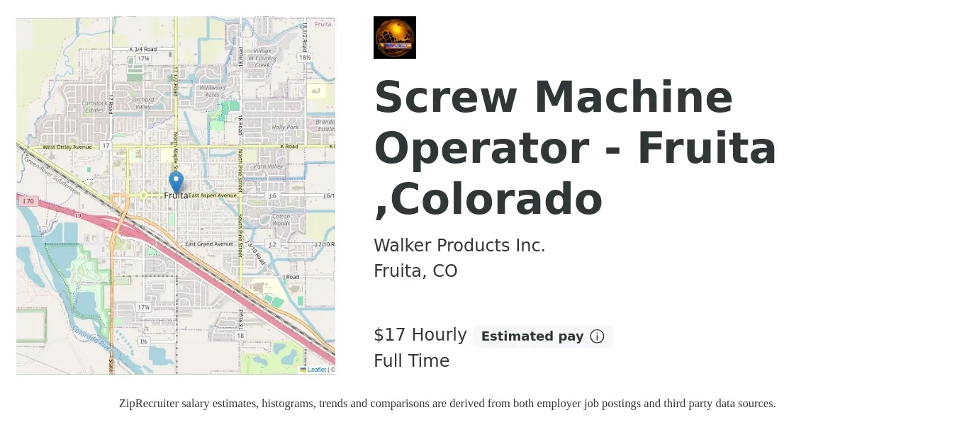 Walker Products Inc. job posting for a Screw Machine Operator - Fruita ,Colorado in Fruita, CO with a salary of $18 Hourly with a map of Fruita location.