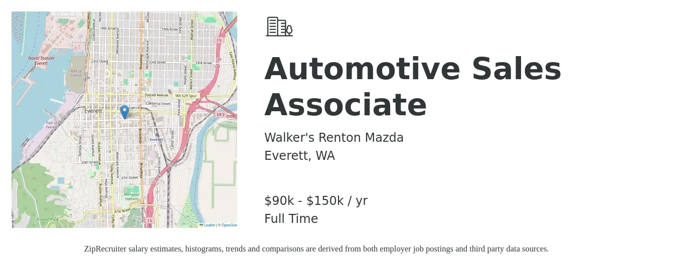 Walker's Renton Mazda job posting for a Automotive Sales Associate in Everett, WA with a salary of $90,000 to $150,000 Yearly with a map of Everett location.