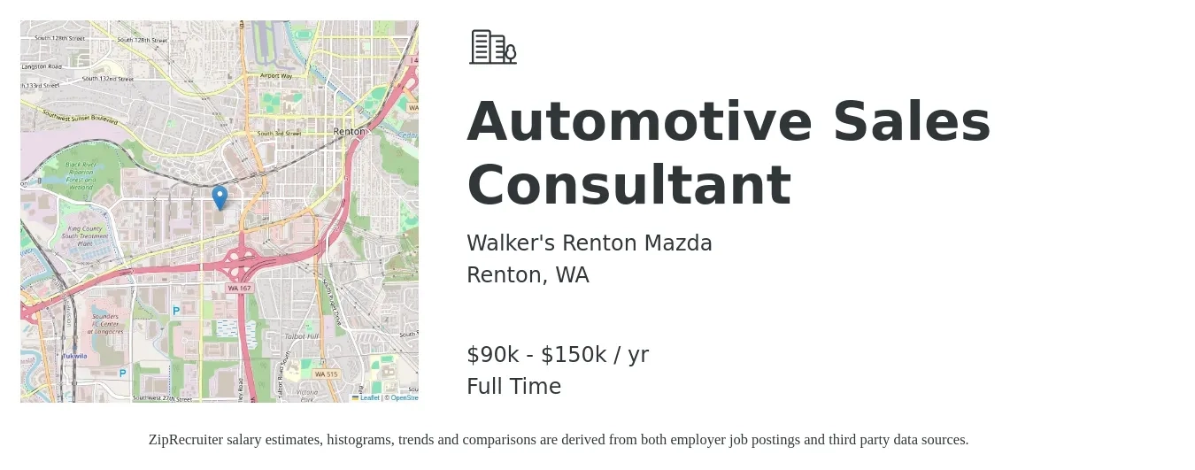 Walker's Renton Mazda job posting for a Automotive Sales Consultant in Renton, WA with a salary of $90,000 to $150,000 Yearly with a map of Renton location.
