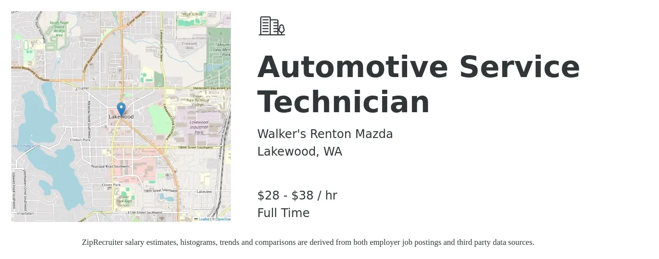 Walker's Renton Mazda job posting for a Automotive Service Technician in Lakewood, WA with a salary of $30 to $40 Hourly with a map of Lakewood location.