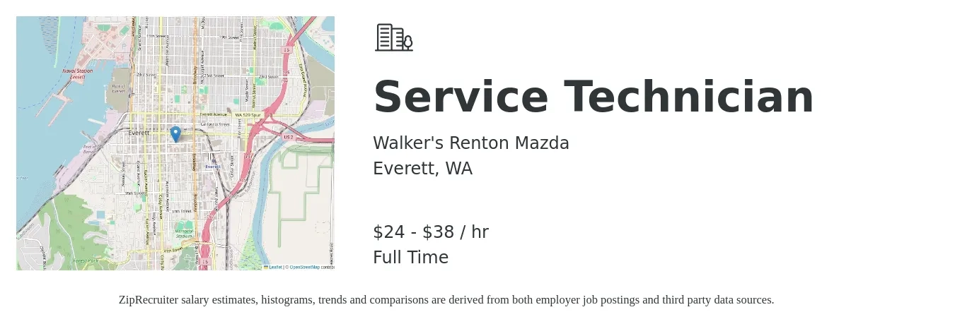 Walker's Renton Mazda job posting for a Service Technician in Everett, WA with a salary of $25 to $40 Hourly with a map of Everett location.