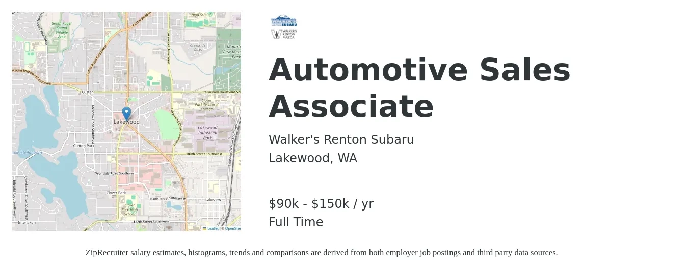Walker's Renton Subaru job posting for a Automotive Sales Associate in Lakewood, WA with a salary of $90,000 to $150,000 Yearly with a map of Lakewood location.