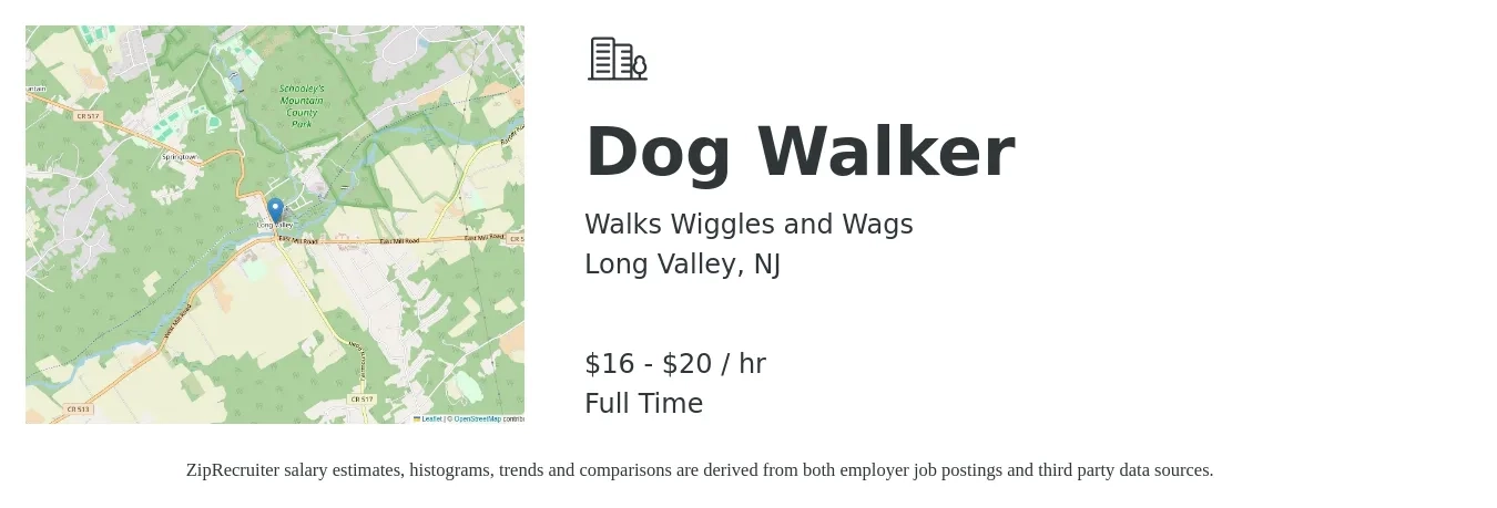 Walks Wiggles and Wags job posting for a Dog Walker in Long Valley, NJ with a salary of $17 to $21 Hourly with a map of Long Valley location.
