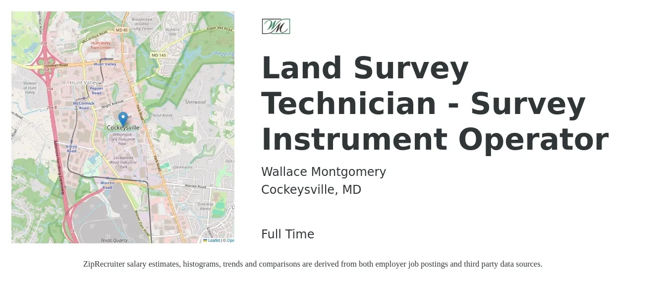Wallace Montgomery job posting for a Land Survey Technician - Survey Instrument Operator in Cockeysville, MD with a salary of $37,000 to $55,500 Yearly with a map of Cockeysville location.