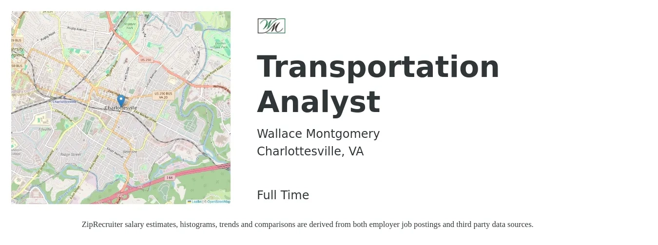 Wallace Montgomery job posting for a Transportation Analyst in Charlottesville, VA with a salary of $59,500 to $81,300 Yearly with a map of Charlottesville location.