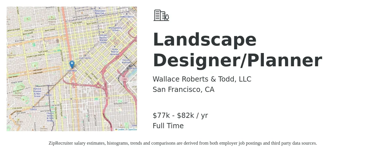 Wallace Roberts & Todd, LLC job posting for a Landscape Designer/Planner in San Francisco, CA with a salary of $77,000 to $82,000 Yearly with a map of San Francisco location.