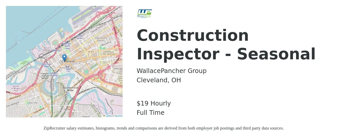 WallacePancher Group job posting for a Construction Inspector - Seasonal in Cleveland, OH with a salary of $20 Hourly with a map of Cleveland location.