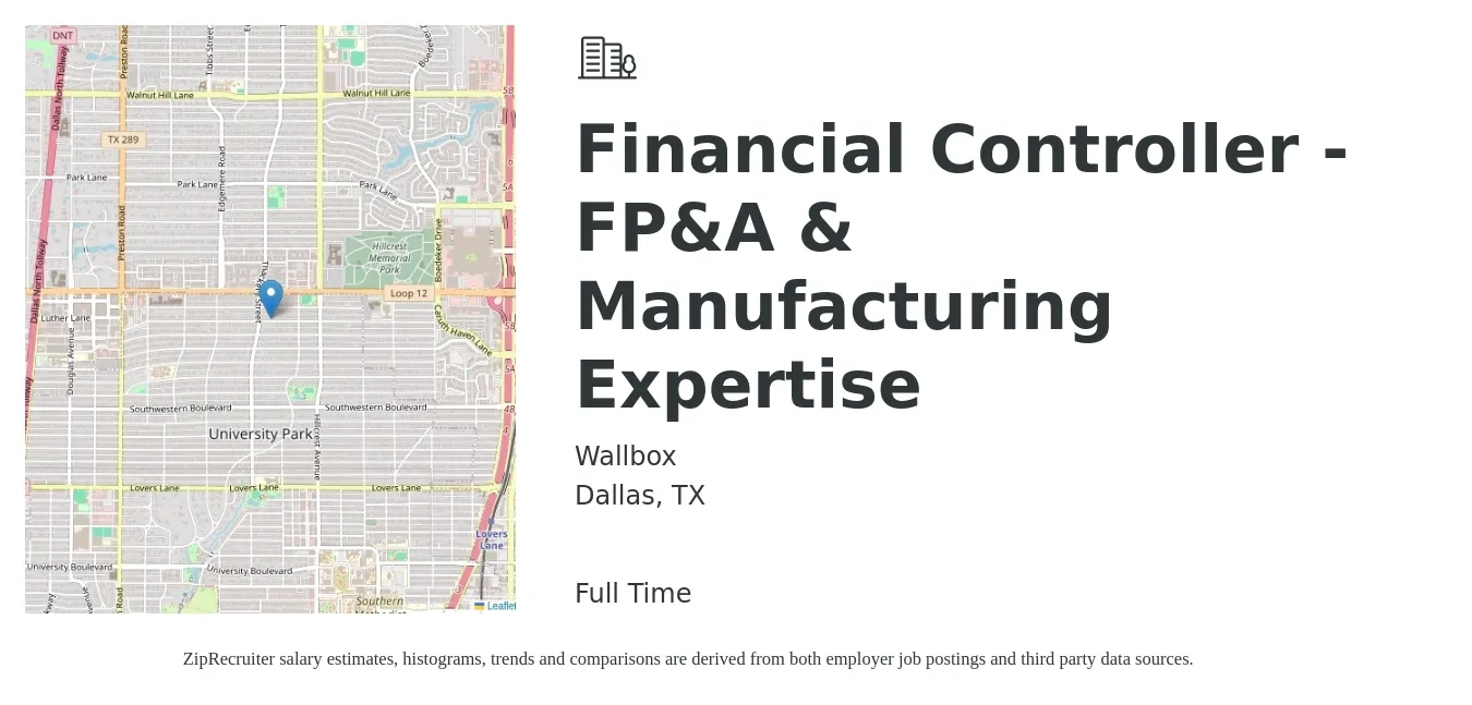 Wallbox job posting for a Financial Controller - FP&A & Manufacturing Expertise in Dallas, TX with a salary of $84,800 to $118,700 Yearly with a map of Dallas location.