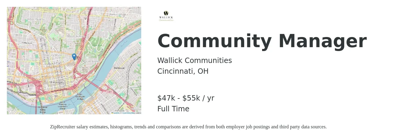 Wallick Communities job posting for a Community Manager in Cincinnati, OH with a salary of $47,000 to $55,000 Yearly with a map of Cincinnati location.