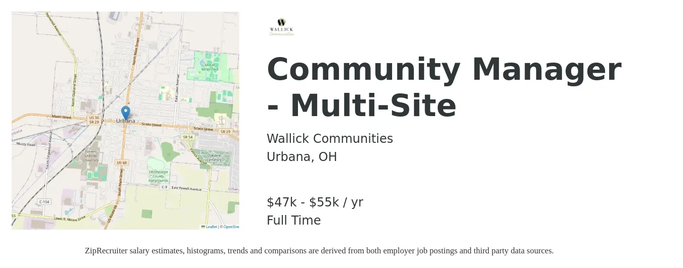 Wallick Communities job posting for a Community Manager - Multi-Site in Urbana, OH with a salary of $47,000 to $55,000 Yearly with a map of Urbana location.