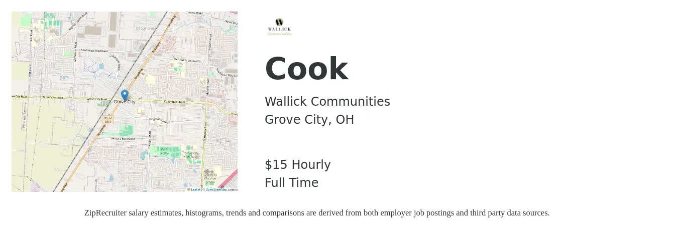 Wallick Communities job posting for a Cook in Grove City, OH with a salary of $16 Hourly with a map of Grove City location.