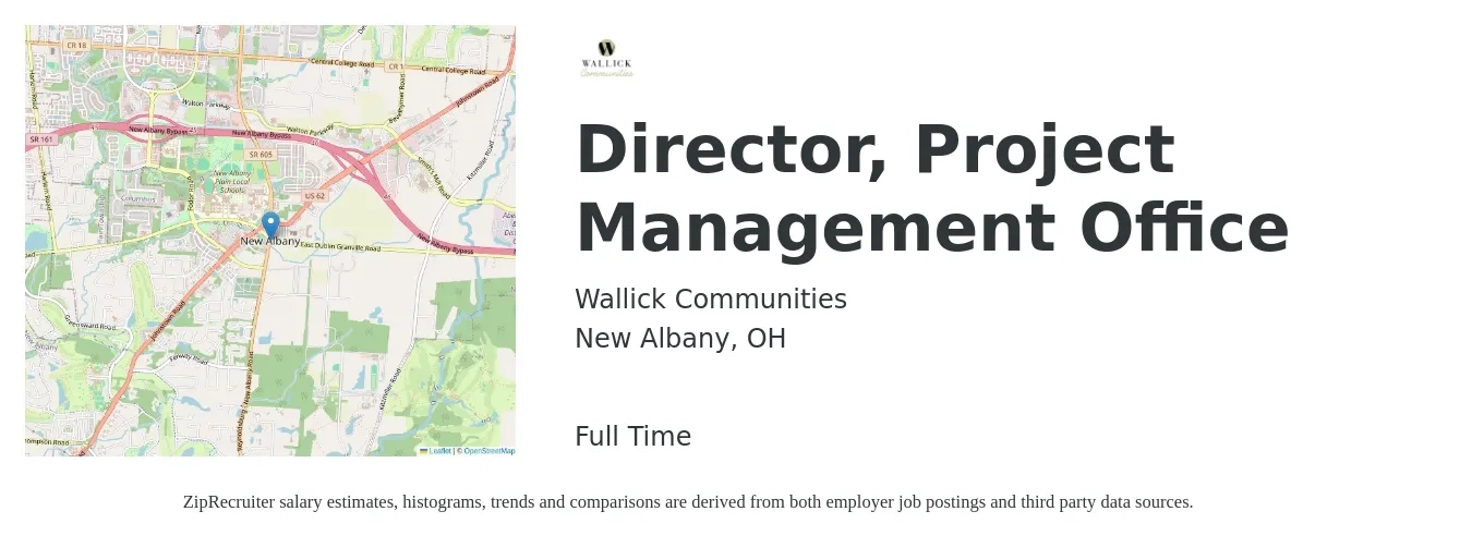 Wallick Communities job posting for a Director, Project Management Office in New Albany, OH with a salary of $97,000 to $141,700 Yearly with a map of New Albany location.