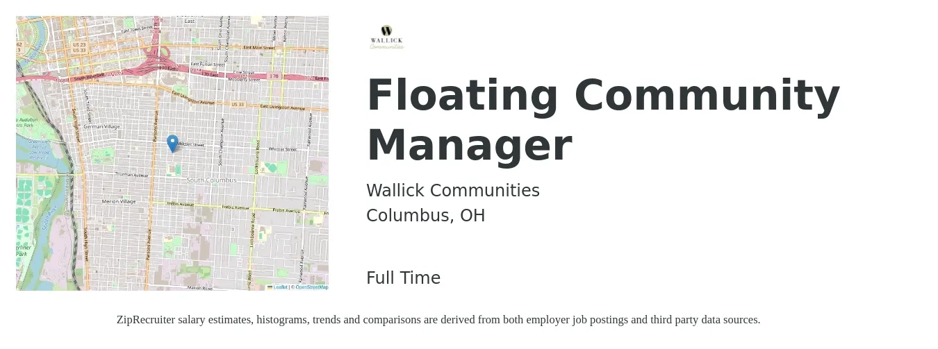 Wallick Communities job posting for a Floating Community Manager in Columbus, OH with a salary of $47,000 to $55,000 Yearly with a map of Columbus location.