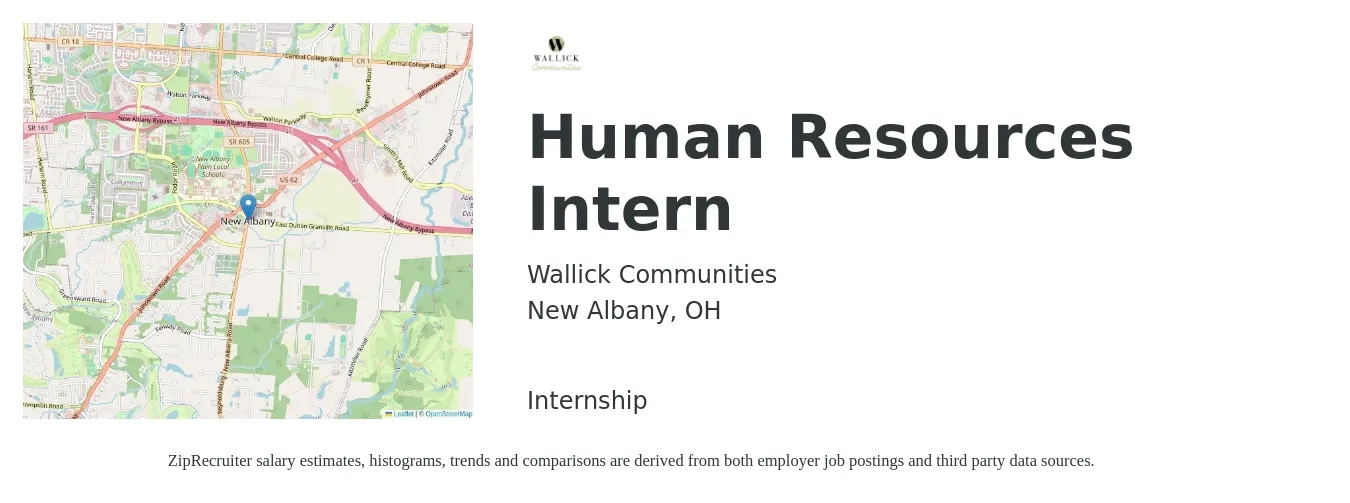 Wallick Communities job posting for a Human Resources Intern in New Albany, OH with a salary of $20 Hourly with a map of New Albany location.
