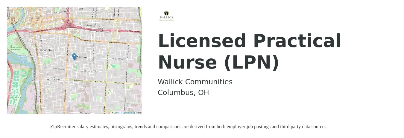 Wallick Communities job posting for a Licensed Practical Nurse (LPN) in Columbus, OH with a salary of $31 Hourly with a map of Columbus location.