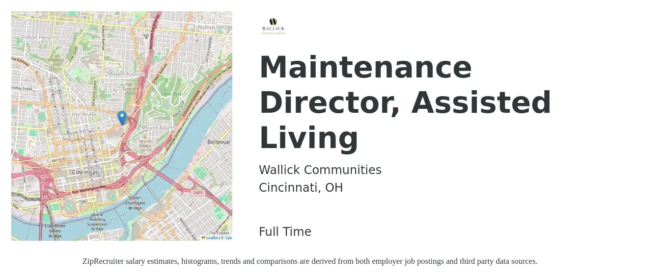 Wallick Communities job posting for a Maintenance Director, Assisted Living in Cincinnati, OH with a salary of $50,400 to $84,000 Yearly with a map of Cincinnati location.