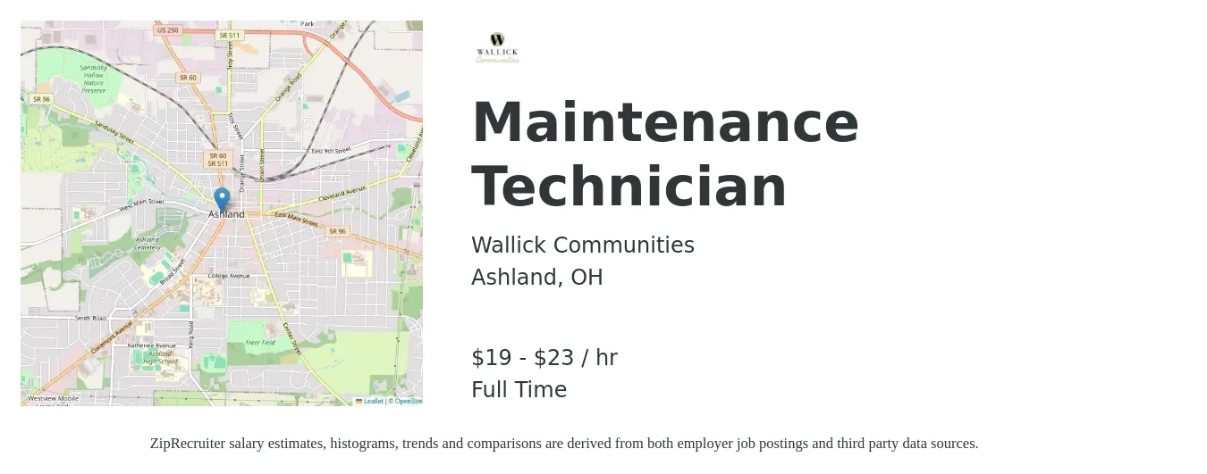 Wallick Communities job posting for a Maintenance Technician in Ashland, OH with a salary of $20 to $24 Hourly with a map of Ashland location.