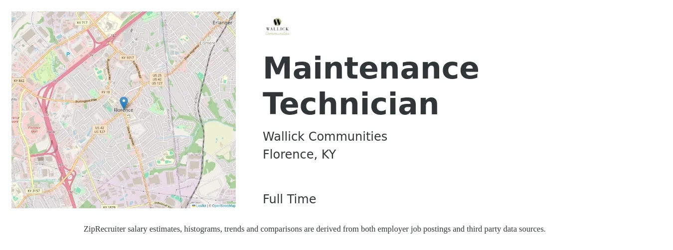 Wallick Communities job posting for a Maintenance Technician in Florence, KY with a salary of $21 to $24 Hourly with a map of Florence location.