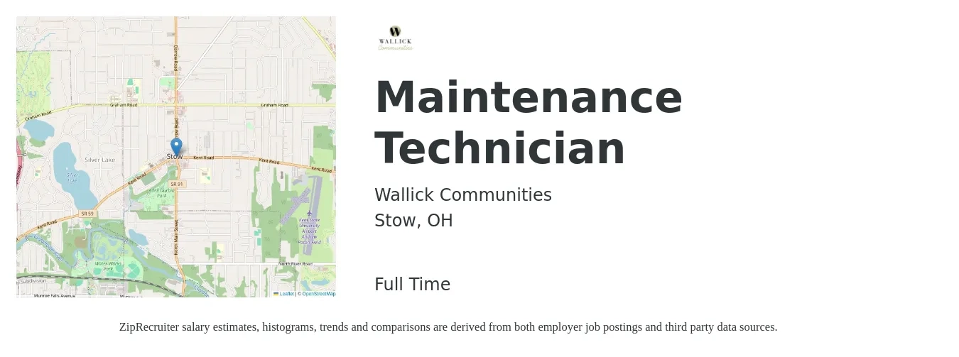 Wallick Communities job posting for a Maintenance Technician in Stow, OH with a salary of $21 to $24 Hourly with a map of Stow location.