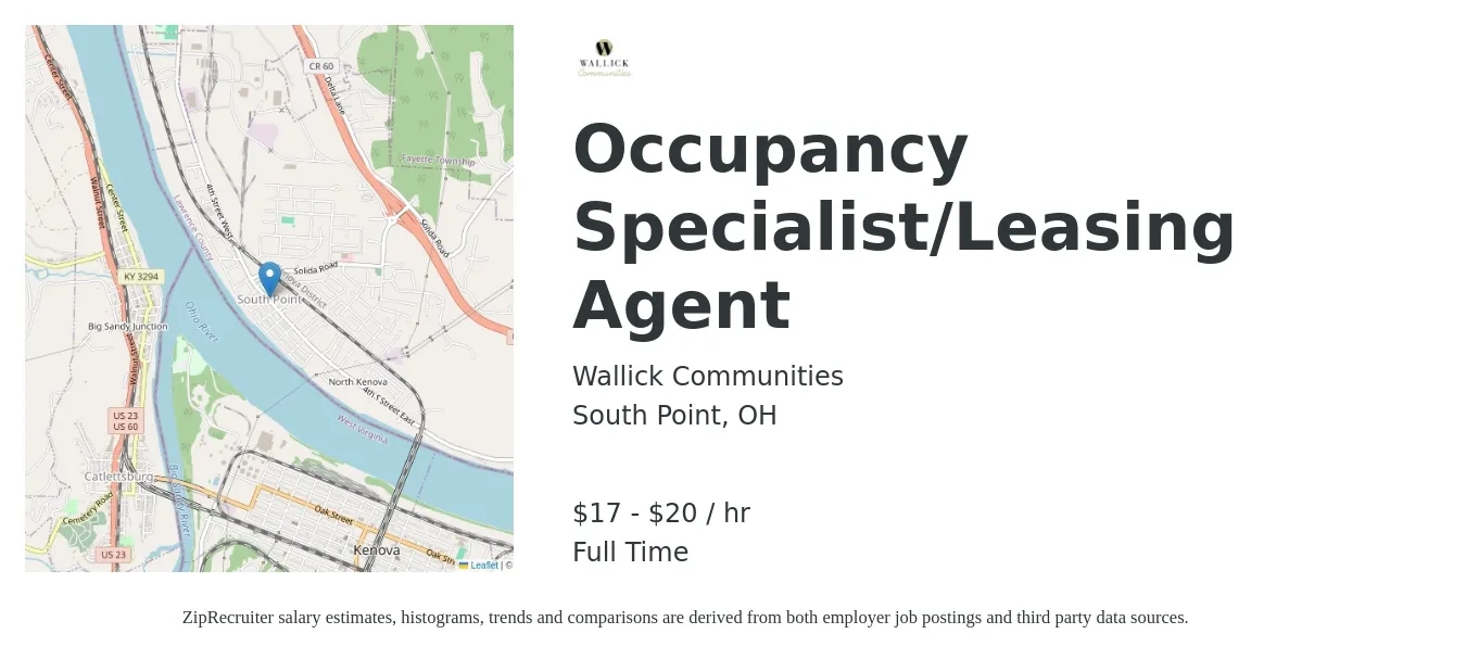 Wallick Communities job posting for a Occupancy Specialist/Leasing Agent in South Point, OH with a salary of $18 to $21 Hourly with a map of South Point location.