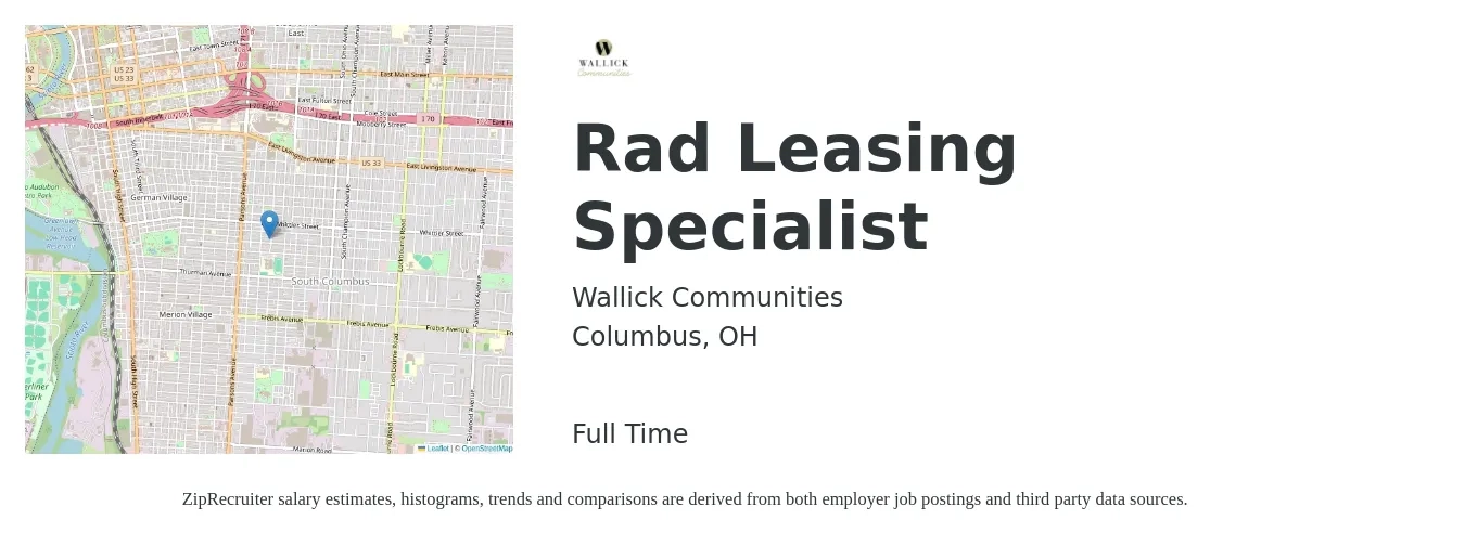 Wallick Communities job posting for a Rad Leasing Specialist in Columbus, OH with a salary of $16 to $21 Hourly with a map of Columbus location.
