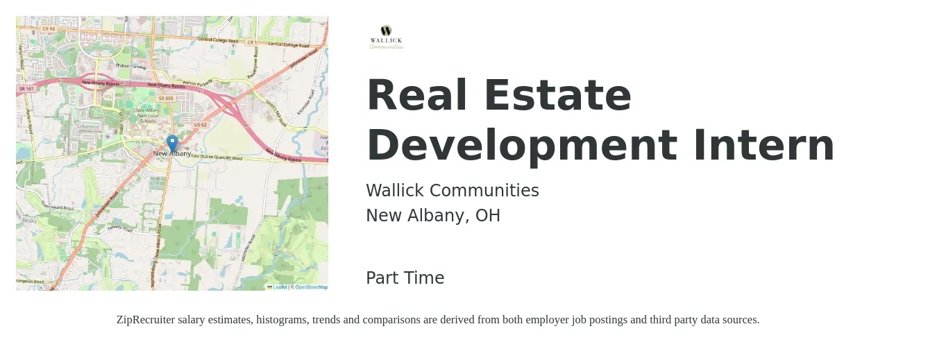 Wallick Communities job posting for a Real Estate Development Intern in New Albany, OH with a salary of $14 to $19 Hourly with a map of New Albany location.