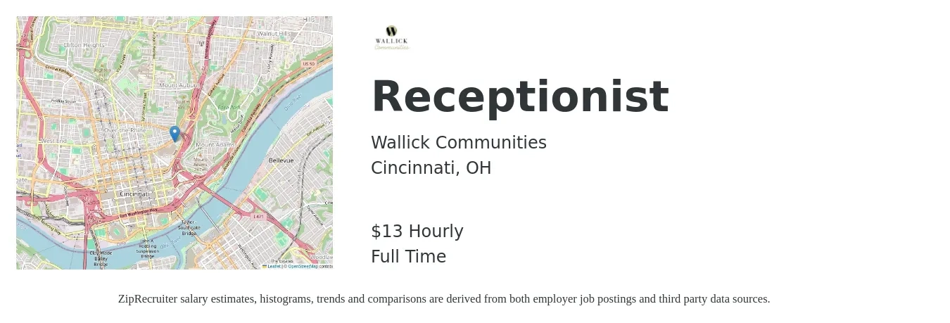 Wallick Communities job posting for a Receptionist in Cincinnati, OH with a salary of $14 Hourly with a map of Cincinnati location.