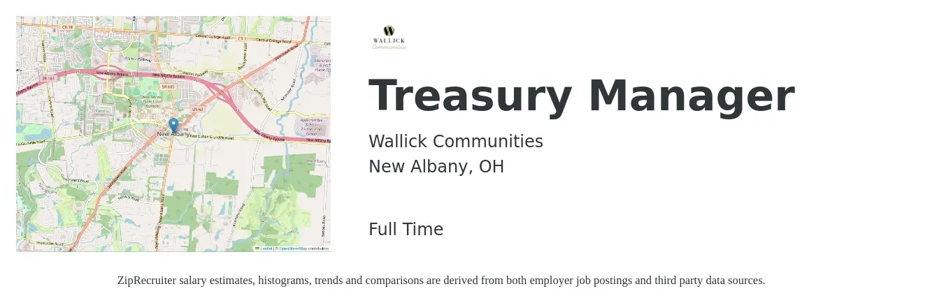 Wallick Communities job posting for a Treasury Manager in New Albany, OH with a salary of $83,600 to $116,700 Yearly with a map of New Albany location.
