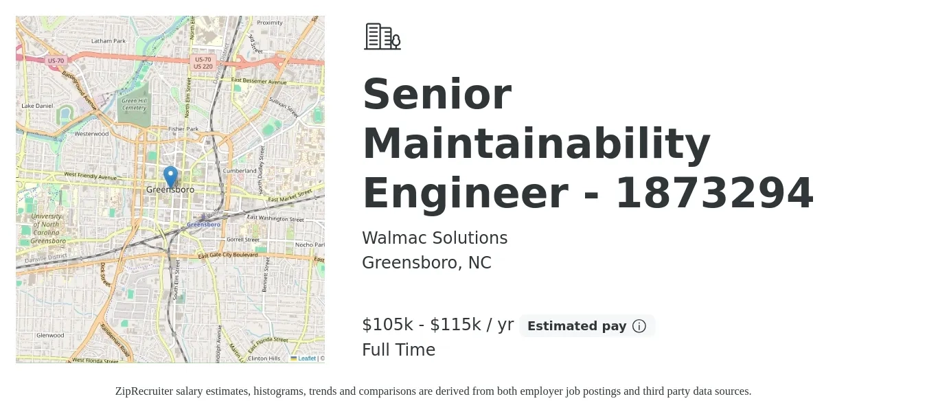 Walmac Solutions job posting for a Senior Maintainability Engineer - 1873294 in Greensboro, NC with a salary of $105,000 to $115,000 Yearly with a map of Greensboro location.